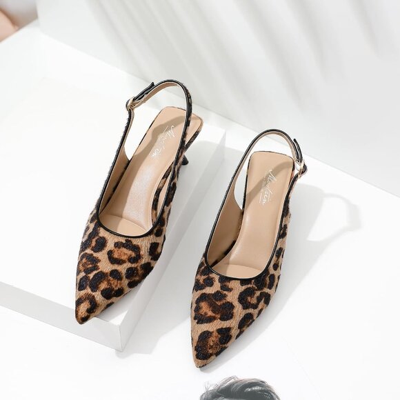 Mostrin Kitten Heels Leopard Suede Low Slingback Heels with Buckle Dress Shoes - Picture 7 of 9